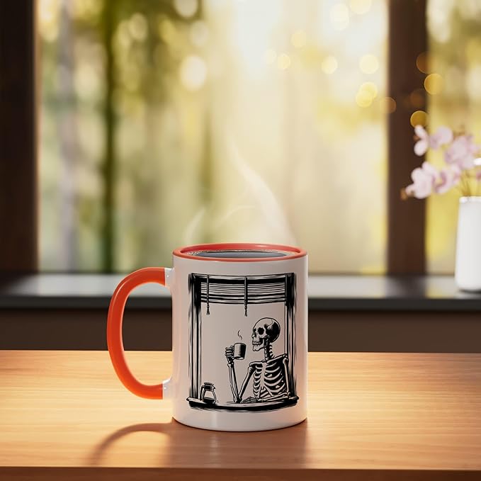 Skeleton Drinking Coffee - Minimalist Graphic Coffee Lover Ceramic Mug, Orange/White