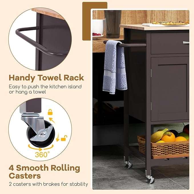 Giantex Rolling Kitchen Island Cart, Mobile Serving Cart with Drawer, 2-Door Storage Cabinet, Storage Shelf, Towel Rack, Food Prep Utility Cart on Wheels for Dining Room, Living Room (Brown)