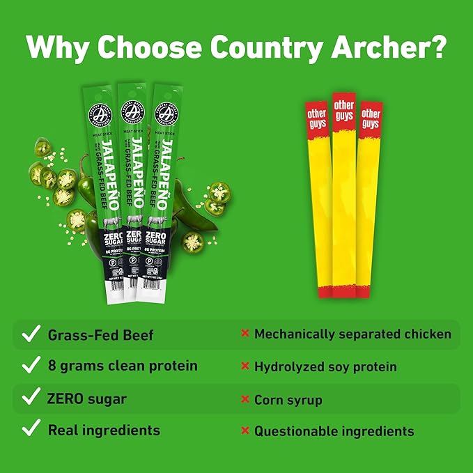 Archer Jerky Beef Jerky Sticks Jalapeno - Grass Fed Beef Sticks Individually Wrapped, Bulk, Protein Snack Packs, Gluten Free, Paleo, Keto, Sugar Free - 1 oz Each (Pack of 18)