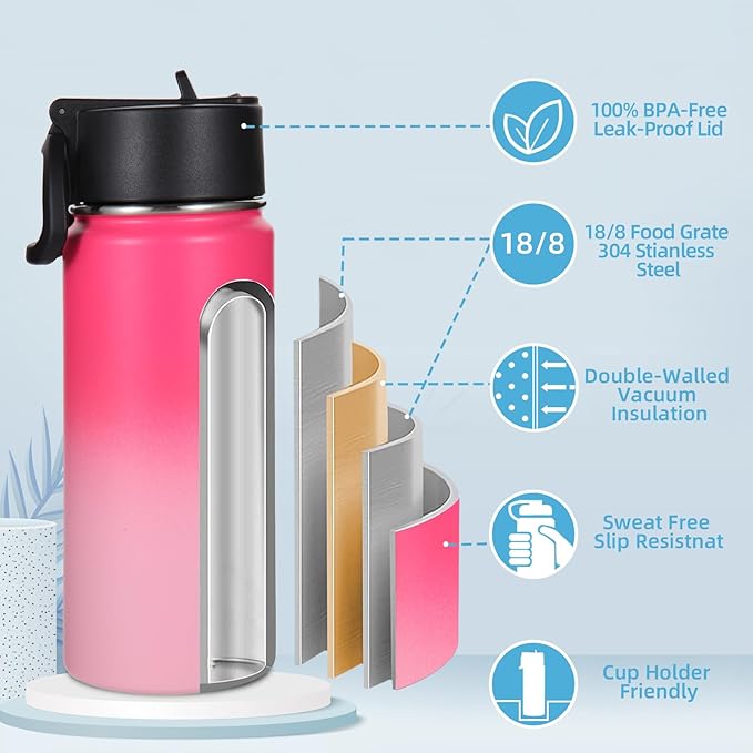 Volhoply 16 OZ Kids Water Bottle Bulk 2 Pack,Insulated Sports Bottles with Straw Lid,Stainless Steel Bottle with Handle Keep Cold & Hot,Double Wall Vacuum Tumbler Cups for School,Girls(Peach, 2)