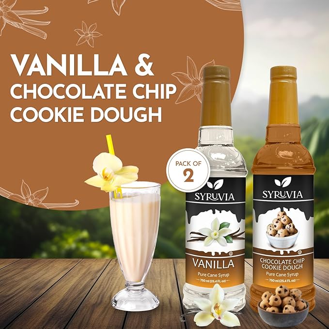 Syruvia Coffee Syrup Variety Pack - Vanilla & Chocolate Chip Cookie Dough- Gluten-Free, Kosher, 25.4 fl oz Bottles - Enhance Your Coffee Experience with Premium Flavoring Syrups