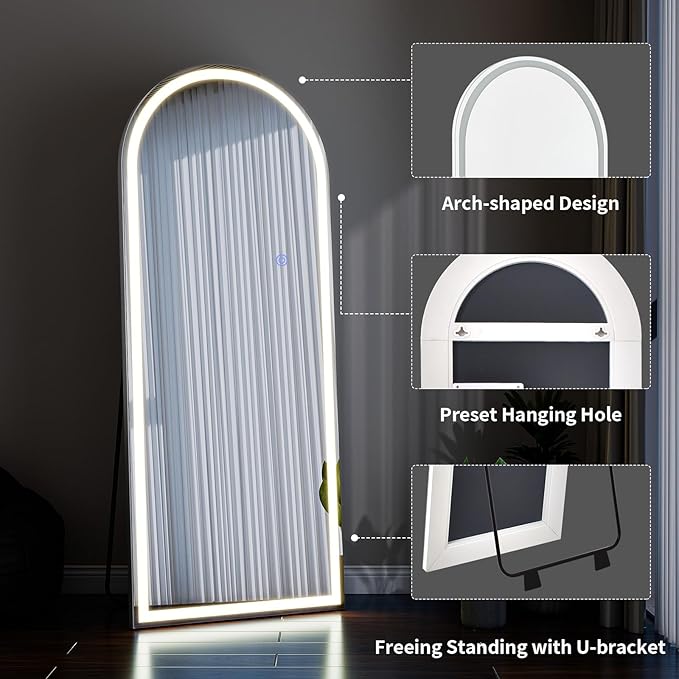VooBang 71"x30" LED Large Mirror Full Length - Arched Floor Body Mirror with Dimmable Lights - 3 Color Modes, Standing Leaning Wall Mounted for Bedroom, Dressing Room