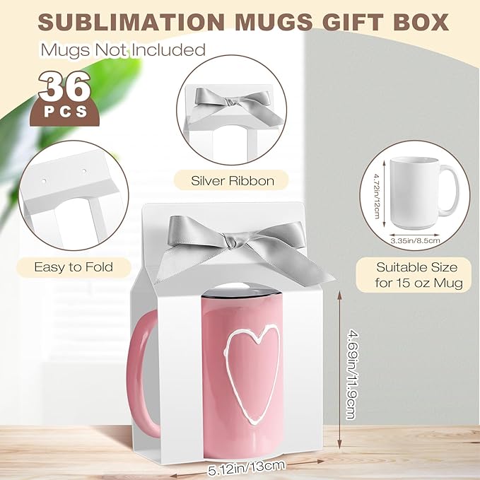 Kosiz 36 Pcs Mug Boxes Sublimation Coffee Mugs Gift Bags with Window Packaging Storage Box for Shipping Selling Wedding Valentines Gift Packaging Wrapping (for 15oz Mug,White,Silver)