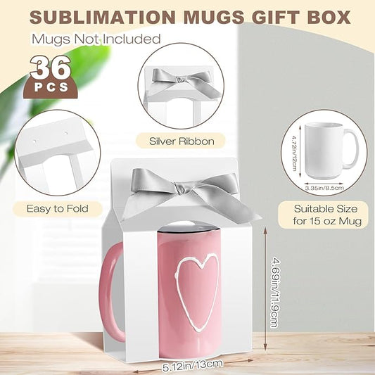 Kosiz 36 Pcs Mug Boxes Sublimation Coffee Mugs Gift Bags with Window Packaging Storage Box for Shipping Selling Wedding Valentines Gift Packaging Wrapping (for 15oz Mug,White,Silver)