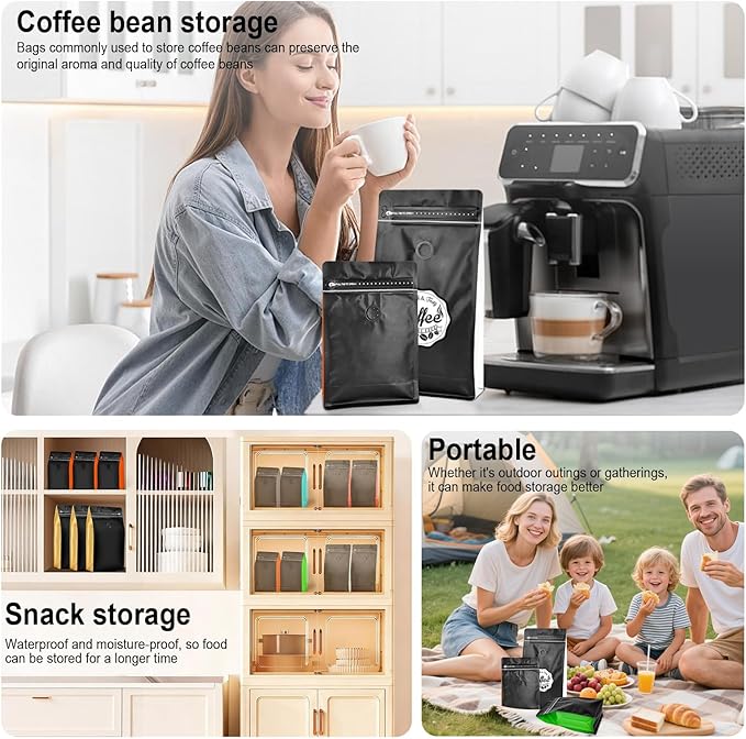 Coffee Bags with Valve(60pcs,8oz,0.5lb) Vented Coffee Beans Packaging Bags High Barrier Aluminumed Foil Flat Bottom Heat Sealed Side Zipper Resealable Storage Bag for Home or Business（Black+Blue）