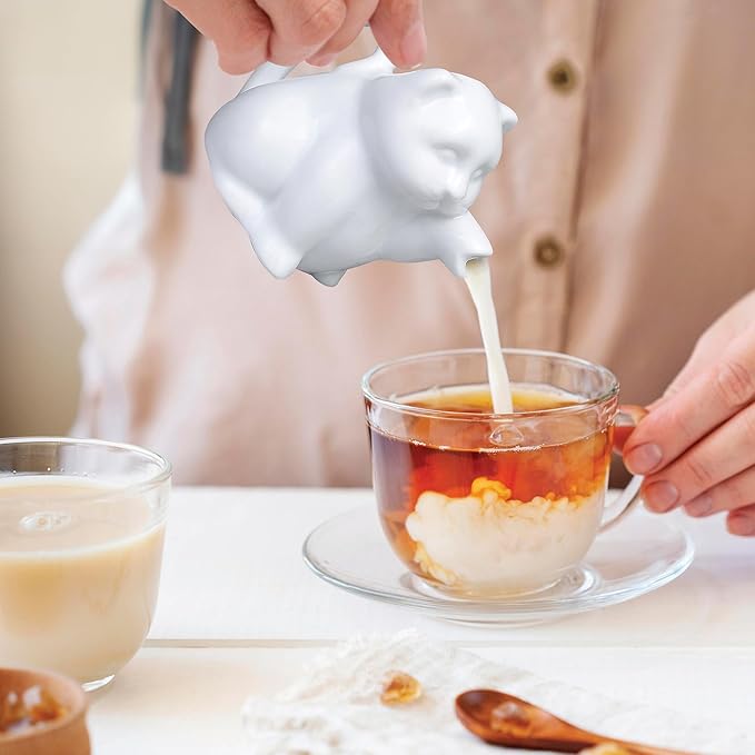 HIC Kitchen Mini Cat Creamer With Handle, Fine Porcelain, 2-Ounce, For Serving Milk, Cream, Syrup, Dressings, And Sauces