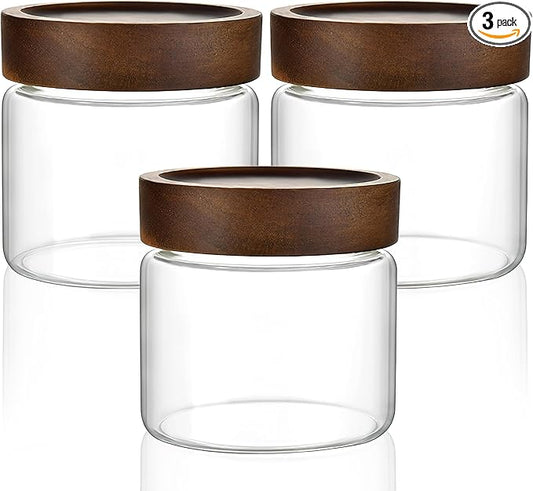 3 Pack 17 fl oz/500ml Clear Glass Storage Canister with Airtight Wooden Screw On Lid, Small Cute Decorative Glass Container Jar Set for Coffee, Candy, Cookie, Condiment, Pepper, Sugar, Oatmeal