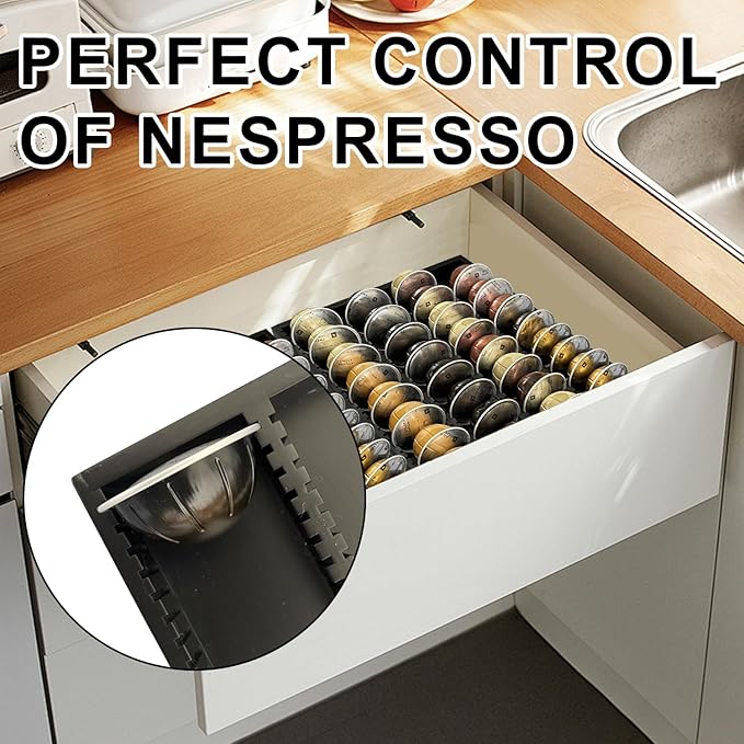 Bamboo Coffee Pod Storage Holder for Drawer Coffee Pods Organizer for Counter, Compatible with Capsules for Kitchen Coffee Station (Black)