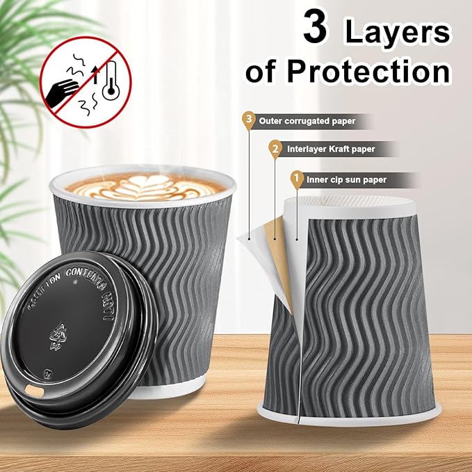 Clawsoff 100 Pack 8 oz Disposable Coffee Cups with Lids, Insulated Ripple Wall To-Go Paper Coffee Cups Suitable for Chocolate Cocoa and Hot/Cold Drinks (Grey)