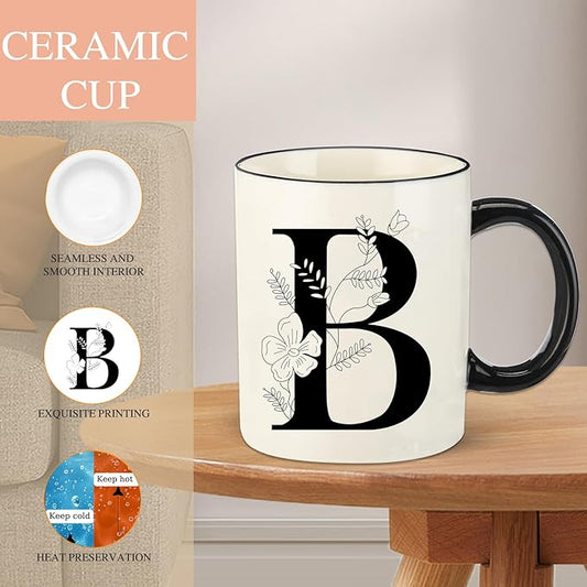 Monogram Ceramic Coffee Mugs, 11 oz Initial Drinking Cup with Gift Box, Unique Birthday Valentines Day Gifts for Women Wife Mothers Day Grandma Mom Aunt, B