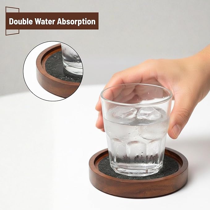 Wooden Coasters with Felt Insert, 4.13 Inch, Set of 6, Absorbent Coasters for Drinks, Absorbent and Insulation Felt Stackable Cup Holders, Absorbent and Heat-Insulated for Coffee Table Decor,