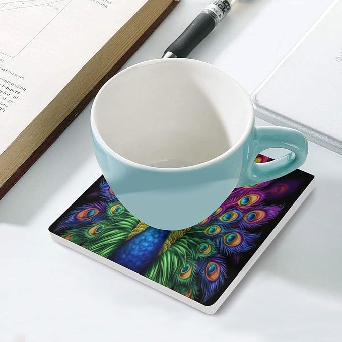 Peacock Drink Coasters, Square Ceramic Drink Coaster Square-6PCS, Vintage Country Beautiful Colorful Peacock Decor Absorbent Ceramic Coasters for Beverage Cup, Bar, Coffee Table