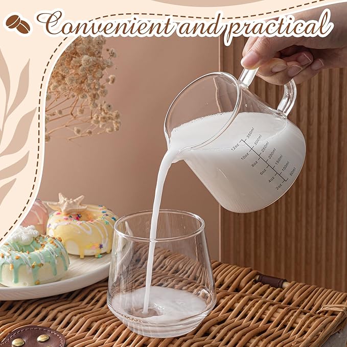 Honeydak 1 Pack 12oz Coffee Measuring Glass Cups Espresso Pitcher Heat Resistant Glass Coffee Measuring Cup Milk Frothing Pitcher Espresso Shot Glasses, Creamer Container, Microwave Dishwasher Safe