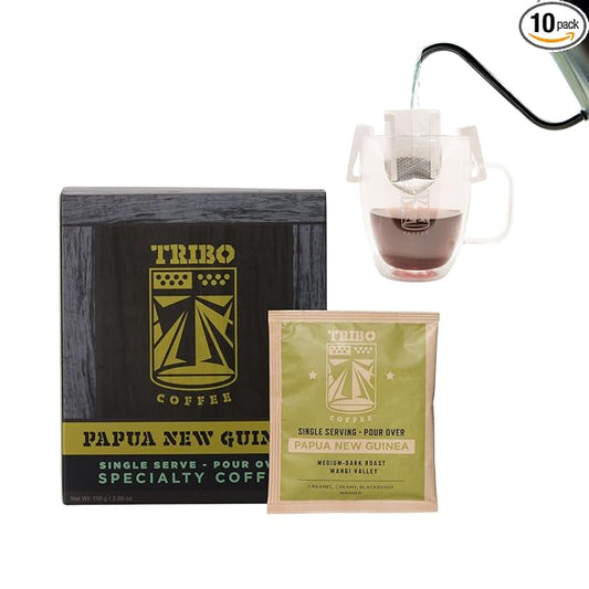 Tribo Coffee Single-Serve Portable Pour Over Drip Coffee - Papua New Guinea - 10 Servings (Medium-Dark Roast)