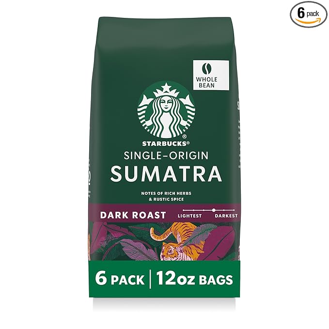 Starbucks Whole Coffee Beans, Dark Roast Hot or Iced Coffee, Single-Origin Sumatra, Six 12 oz Bags