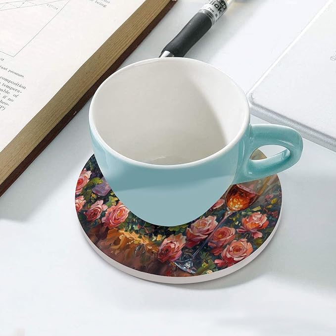 Red Wine Drink Coasters, Round Ceramic Drink Coaster Round-6PCS, Oil Painting Style Red Wine Grapes Floral Rose Flower Pattern Decor Absorbent Ceramic Coasters for Beverage Cup, Bar, Coffee Table