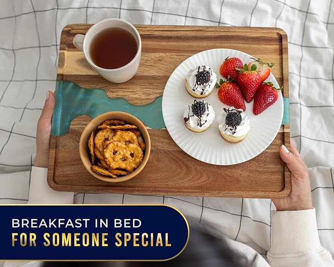 Comfify Visually Stunning Celeste Blue Resin + Acacia Wood Serving Tray - Modern 12x16 Serving Tray for Food, Breakfast in Bed, Coffee Table, Decor