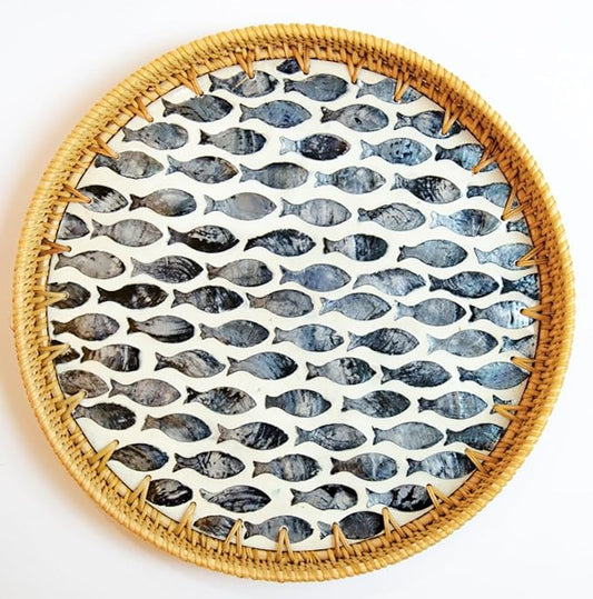 Magenta & Teal Round Rattan Serving Tray with Mother of Pearl Inlay, Wicker Coffee Table Decor, Farmhouse Style (Navy Fish)
