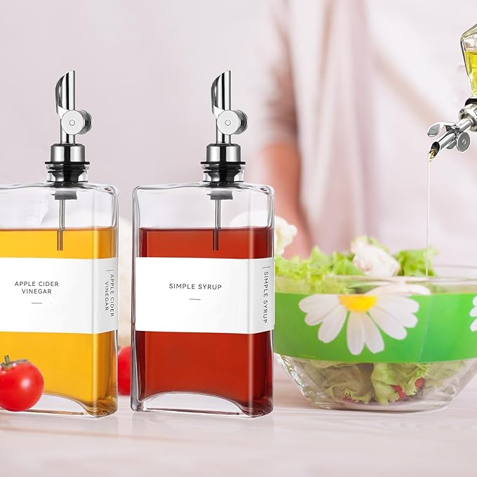 4 Pcs Olive Oil Dispenser for Kitchen, Glass Olive Bottles Oil Seasoning Bottle Set Coffee Syrup Soy Sauce Dispenser(Silver,350 ml)