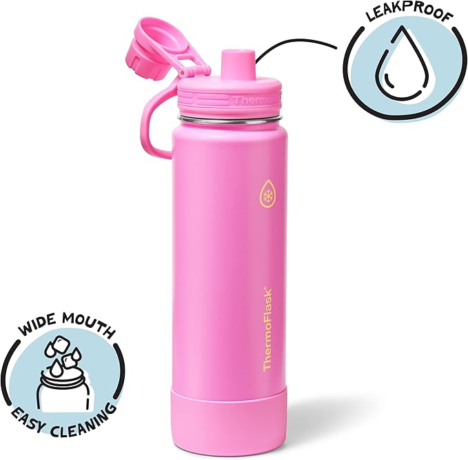 ThermoFlask 24 oz Double Wall Vacuum Insulated Stainless Steel Water Bottle with Spout Lid, Shocking Pink