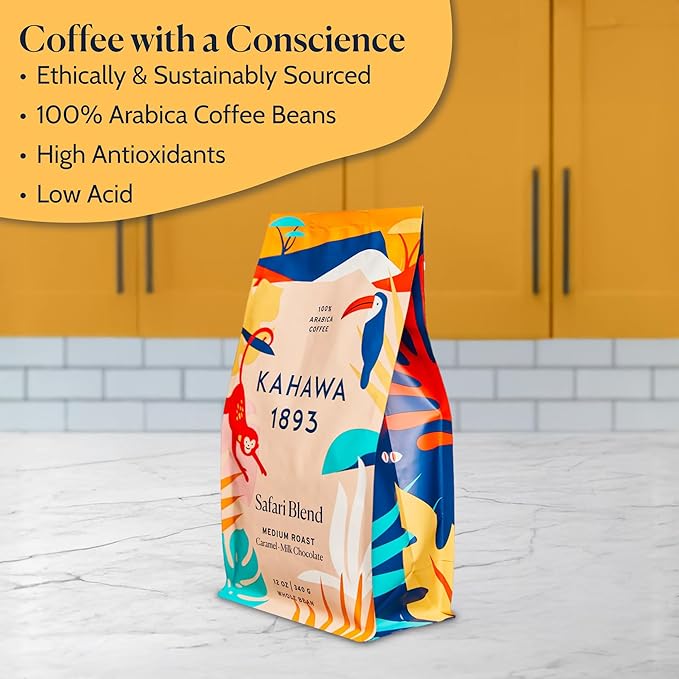 Kahawa 1893 Whole Bean Coffee Medium Roast Safari Blend 24 Oz - As Seen on Shark Tank, High Antioxidants, Naturally Sweet, Organically Grown, Ethically & Sustainably Sourced