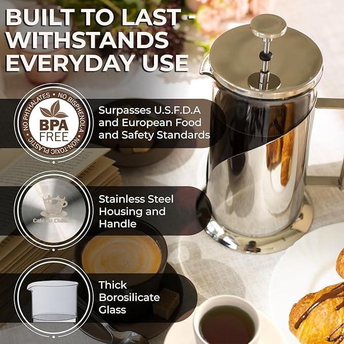 Cafe Du Chateau Stainless Steel French Press Coffee Maker 34 oz - Easy to Use Insulated Coffee Press with 4-Level Filtration, Manual Brewer for Tea, Camping & Travel with BPA Free, Durable Clear Glass