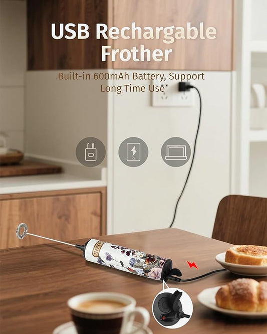 INFOOD Milk Frother Rechargeable with Cover - Coffee Frother Wand, Drink Mixer Handheld with 2 Detachable Stainless Whisks 2 Speed Adjustable for Latte, Cappuccino, Hot Chocolate, Egg, White Floral