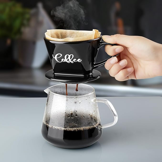 Pour Over Coffee Maker, Ceramic Pour Over Coffee Dripper, Manual Brew Maker, Black Kitchen Decor and Accessories, Single Cup Porcelain Slow Brewing Accessories for Cafe Coffee Bar