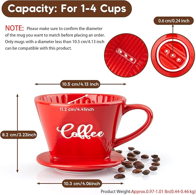 Pour Over Coffee Maker, Ceramic Pour Over Coffee Dripper, Manual Brew Maker, Red Kitchen Decor and Accessories, Single Cup Porcelain Slow Brewing Accessories for Cafe Coffee Bar