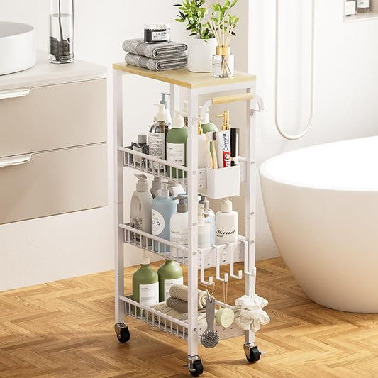 Slim Bathroom Storage Cart, 4 Tier Small Rolling Organizer Cabinet with Wood Top Handle, Mobile Shelving Unit Slide Out for Office, Kitchen, Laundry Room & Narrow Places (White, 9.1" W Overall)