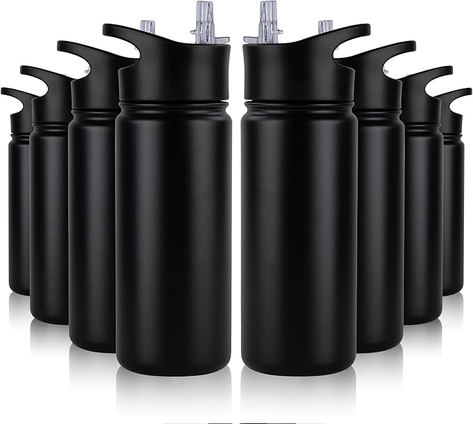 16 oz Insulated Water Bottle Bulk 8 Pack, Straw & Spout Lid, Keep Cold 24H, Spill Proof, BPA-Free, Double Wall, Stainless Steel Kids Water Bottles for School, Sports, Black