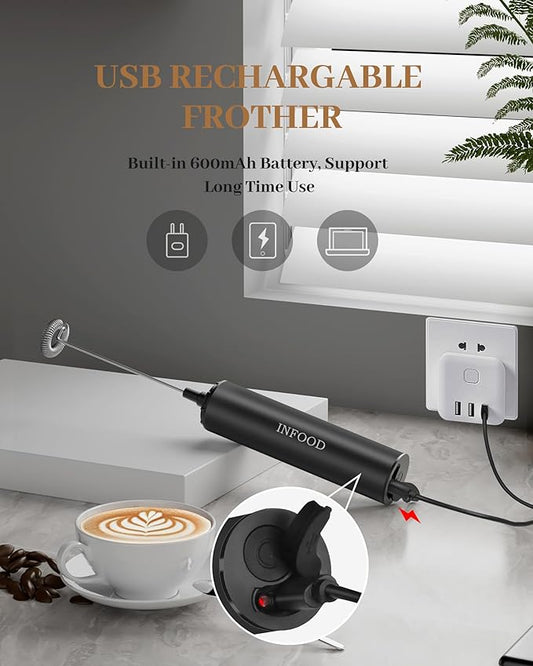 INFOOD Milk Frother Rechargeable with Cover - Coffee Frother Wand, Drink Mixer Handheld with 2 Detachable Stainless Whisks 2 Speed Adjustable for Latte, Cappuccino, Hot Chocolate, Egg, Black
