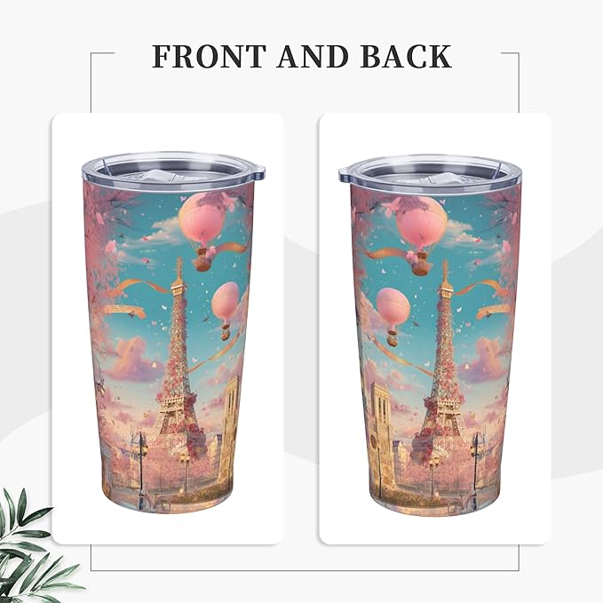 Paris Eiffel Tower Tumbler with Lid and Straw 20oz Coffee Tumblers Leakproof Stainless Steel Travel Mug Vacuum Insulated Cup for Iced and Hot