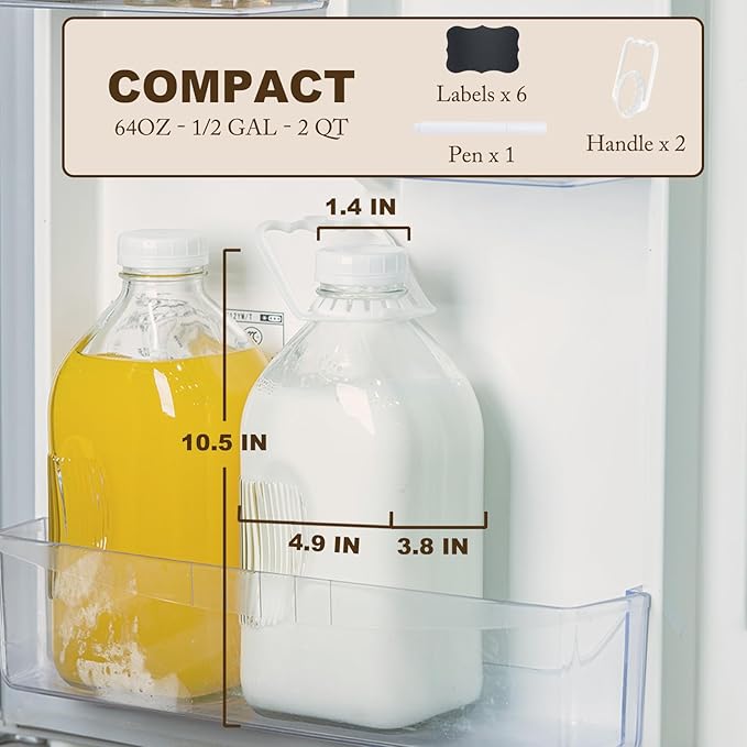 Glass Milk Jugs Bottles - Half Gallon / 2Qt Container Pitcher with Airtight Screw Lids and Handle for Milk, Breastmilk, Juice, Iced Tea, Cold Water, 64 OZ Set of 2