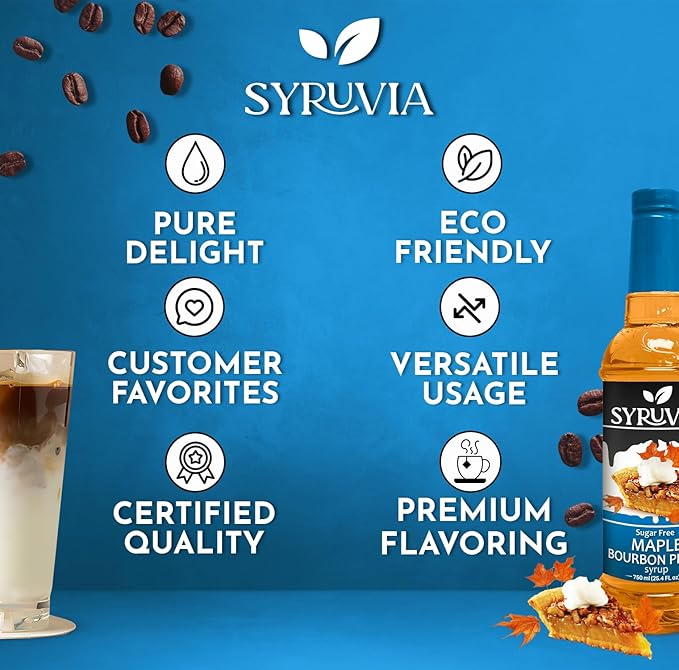 Syruvia Sugar Free Coffee Syrup, Maple Bourbon Pecan Flavored Syrup for Drinks, Lattes, and Desserts – 25.4 fl oz, With Pump