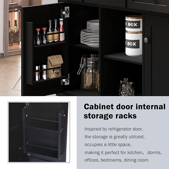 Yayzy Rolling Kitchen Island with 2 Bar Stools, Drop Leaf, Cabinet Door Storage Racks & 3 Drawers, Mobile Kitchen Cart with Rubberwood Top & Locking Wheels for Dining Room & Kitchen, 53-Inch, Black