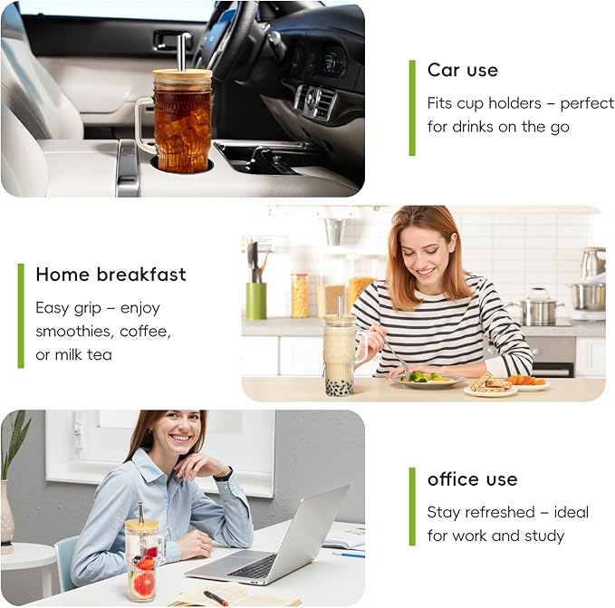 Glass Cups with Bamboo Lids and Straws, 24oz Glass Tumbler with Handle, Stainless Steel Straws & Cleaning Brushes – Boho Pattern Iced Coffee Cup for Smoothies, Tea, and Gifts, Set of 2