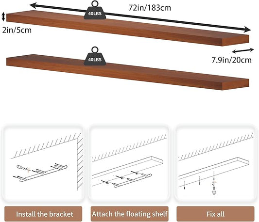 72 inch Long Floating Shelves for Wall,Solid Wood Long Shelves Set of 2,Orange Rustic Wall Mounted Shelves with Heavy Duty Brackets (Orange, 72 Inch)