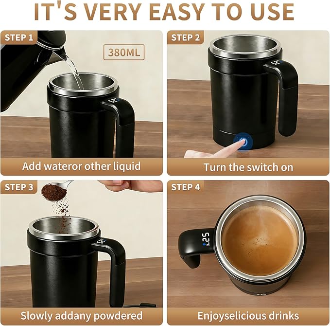 2026 Upgraded Stirring Coffee Mug,With LCD Temperature Display,Rechargeable Automatic Magnetic Stirring Coffee Mug,304 Stainless Steel,for tea/Hot Chocolate/Milk Ideal Gift for Coffee Lovers (Black)