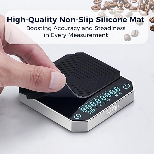 IKAPE Digital Coffee Scale with Timer, 0.1g High Precision Espresso Scale, 2kg Capacity, Waterproof Rechargeable Aluminum Alloy Coffee Scale with Auto Tare & Silicone Pad, Silver