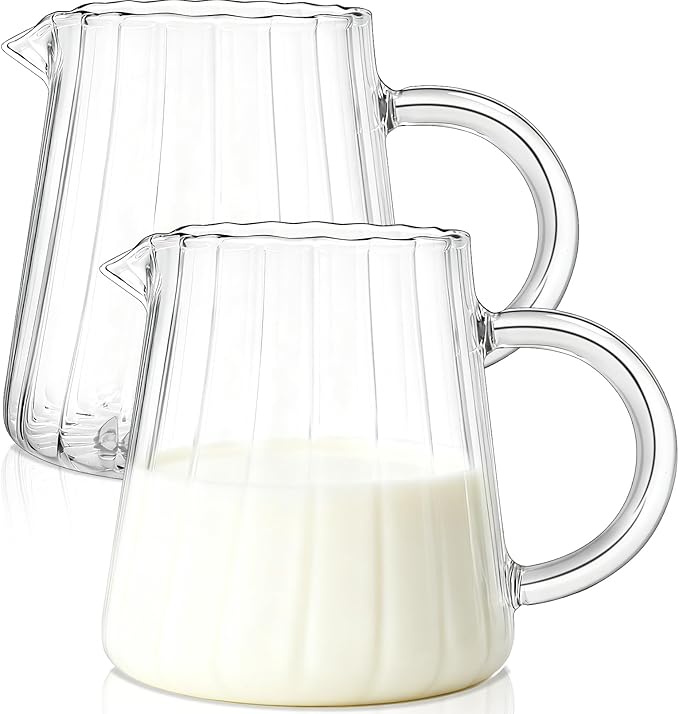 2 Pcs Small Glass Creamer Pitcher With Box, 250ml Creamer Pitcher with Handle, Elegant Wave Shaped Small Glass Pitchers, Milk Frothing Pitchers, Serving Jug for Kitchen,Coffee Bar,Home