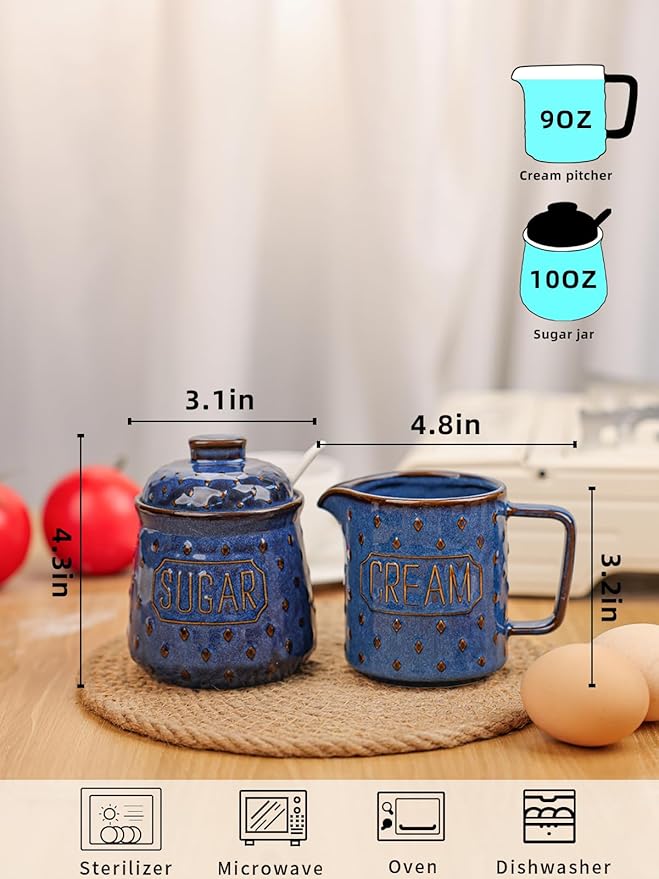 GDCZ Ceramic Sugar and Creamer Set, Milk Creamer and Sugar Container with Spoon, Coffee Serving Set with Sugar Bowl and Cream Pitcher, Set of 2 (Blue)