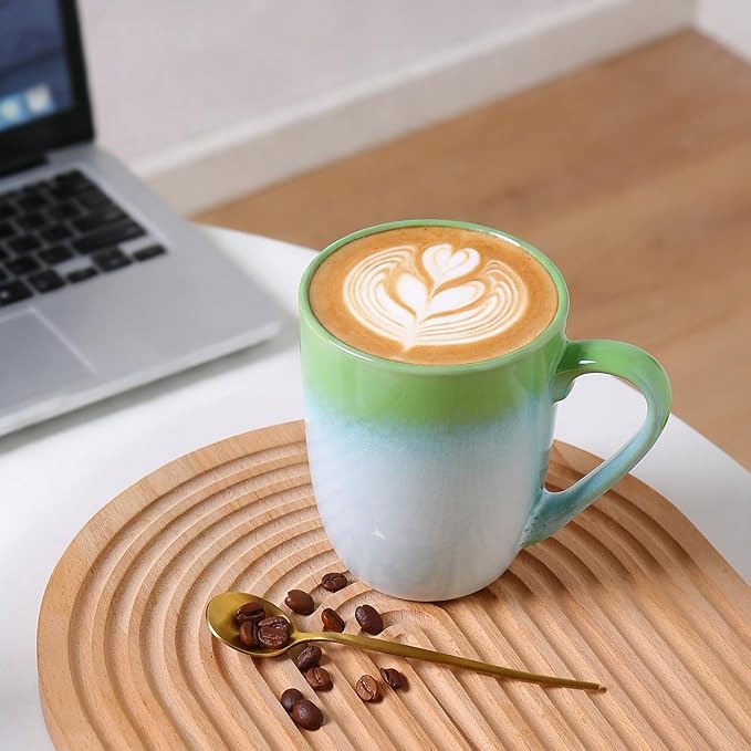 MONITO 14 OZ Coffee Mugs Set of 6, Large Ceramic Coffee Mugs，Modern Coffee Mugs Set with handle for Tea/Latte/Cappuccino/Milk/Cocoa, Funny Tea Cups for Office and Home (White-green)