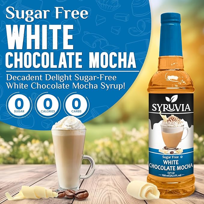 Syruvia Sugar Free Coffee Syrup, White Chocolate Mocha Flavored Syrup for Drinks, Lattes, and Desserts – 25.4 fl oz, With Pump