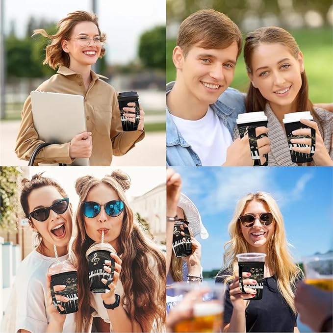 Reusable Iced Coffee Sleeve with Handle, Music Theme Neoprene Cup Sleeve Piano Keyboard Music Notes Insulator Cup Holder for Cold Drinks Beverages 16oz - 18oz