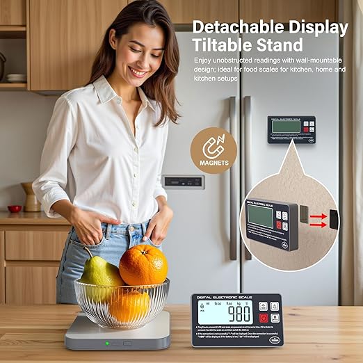 Rechargeable Digital Kitchen Food Scale - Detachable Display Electronic Weight Scale for Bread Making & Coffee Brewing, 304 Stainless Steel Platform, Backlit LCD, Count Mode, Wall-Mount & Tilt Stand
