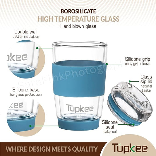Tupkee Double Wall Glass Tumbler - 8-Ounce, All Glass Hand Blown Reusable Insulated Tea/Coffee Mug & Lid, Travel Mug - Niagara