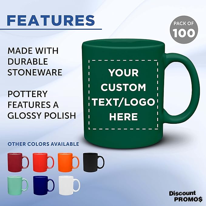 Custom Ceramic Coffee Mugs 11 oz. Set of 100, Personalized Bulk Pack - Coffee cup set, Iced coffee cup, Gaming mug - Green