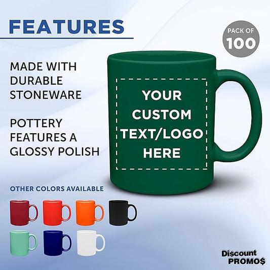 Custom Ceramic Coffee Mugs 11 oz. Set of 100, Personalized Bulk Pack - Coffee cup set, Iced coffee cup, Gaming mug - Green