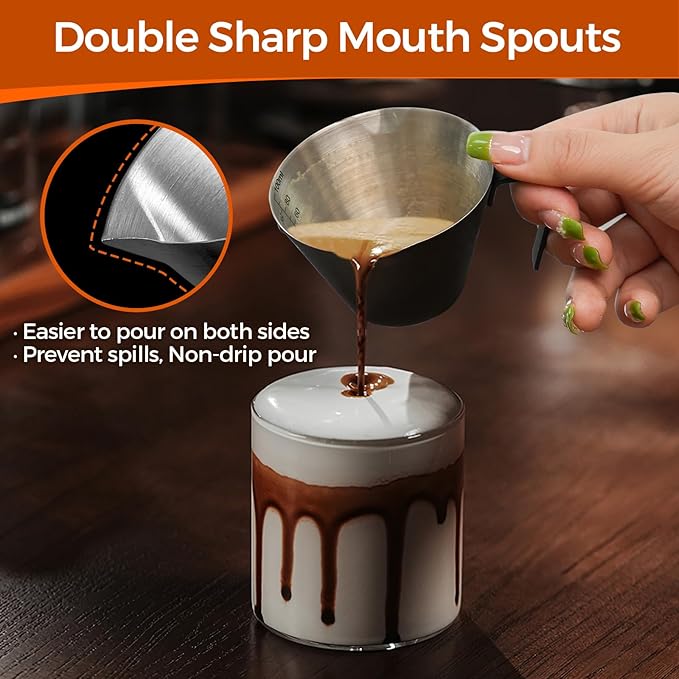 YARRAMATE Stainless Steel Espresso Shot Cup, Double Spout Metal Espresso Measuring Cup with V-Shaped Mouth, Espresso Accessories, 3.4OZ/100ML (Black)